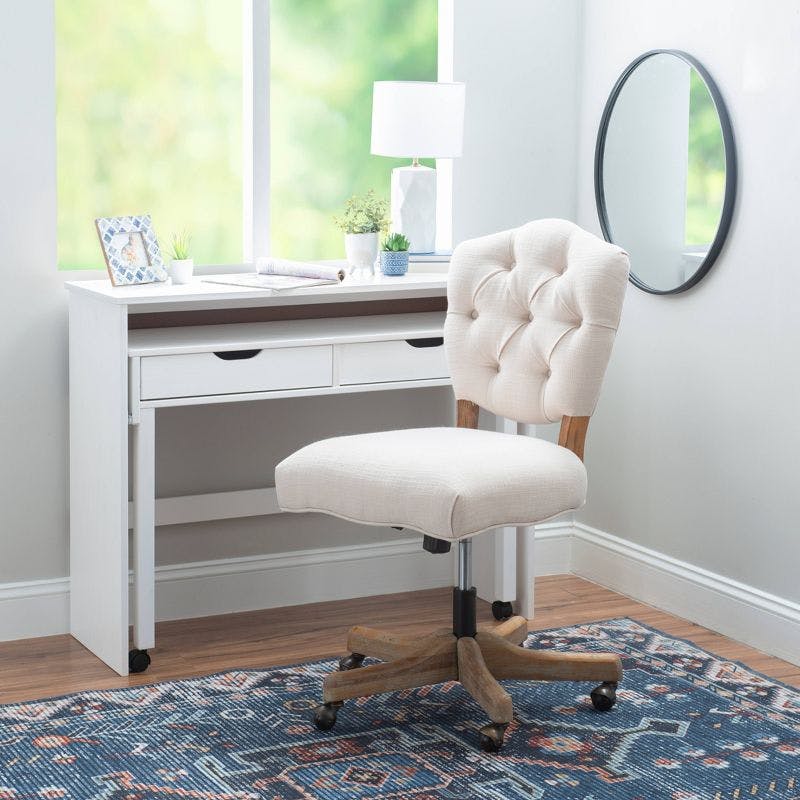 Kelsey Swivel Office Chair with Tufted Back in White and Natural Wood