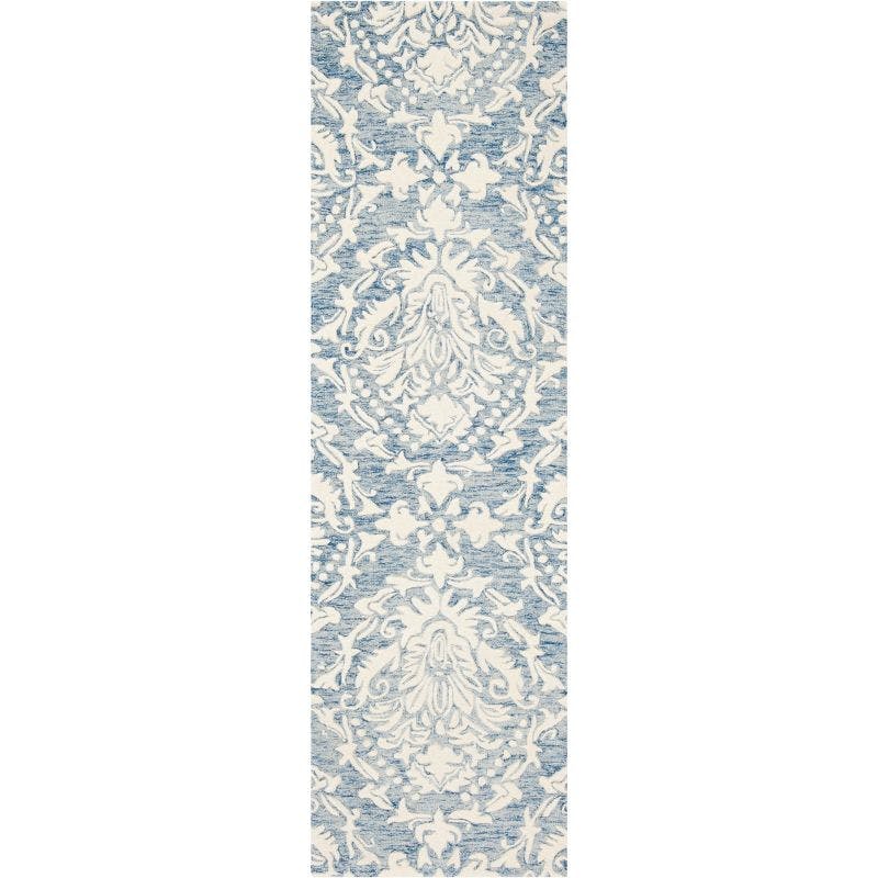 Elegant Blue/Ivory Floral Tufted Wool Runner Rug - 2'3" x 6'