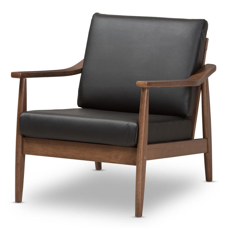 Venza Mid-Century Modern Lounge Chair in Black Faux Leather & Walnut