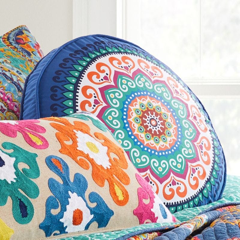 Vibrant Medallion Embroidered Navy Round Pillow - 17.7"