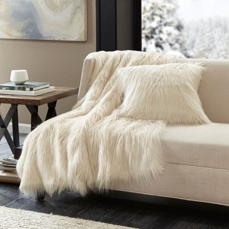 Adelaide 20" Ivory Faux Fur Luxurious Square Throw Pillow