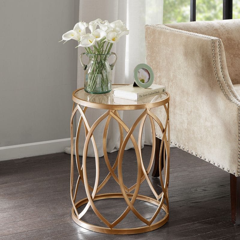 Gaige 16" Round Gold Metal & Glass Eyelet Accent Table