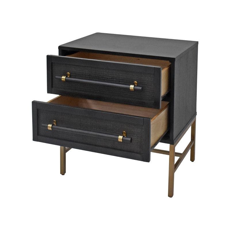 Sophia Antique Black 2-Drawer Rattan and Brass Nightstand