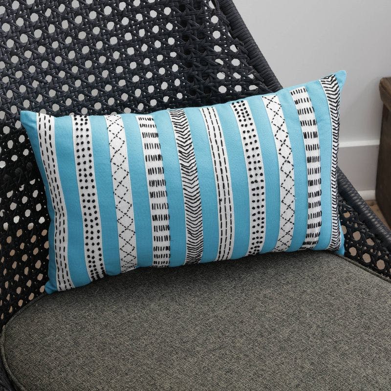 Tribal Bands Turquoise, Cream & Black Embroidered Lumbar Pillow Set