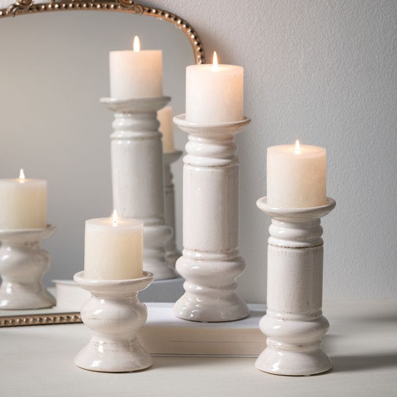 Elegant Trio White Ceramic Pillar Candle Holders 11.5" Set