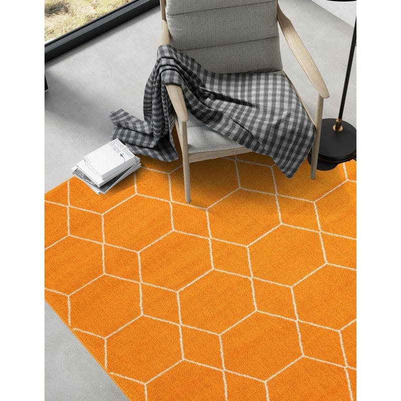 Vivid Orange and Ivory Geometric Trellis 6' x 9' Area Rug