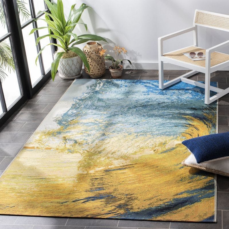 Coastal Breeze Blue and Gold Flat Woven Outdoor Rug 5'3" x 7'6"