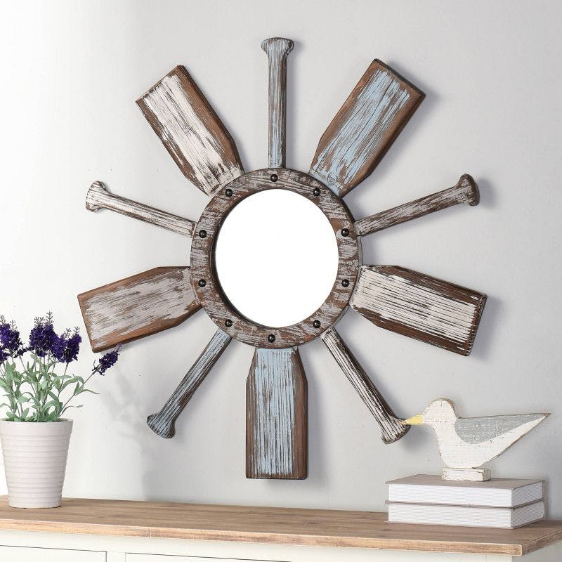 Montauk Round 34" Nautical Wall Mirror with Weathered Paddle Frame