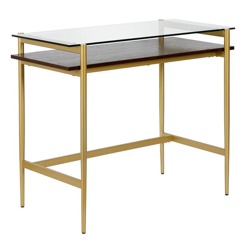 Eaton Mid-Century Brass Desk with Tempered Glass Top and Walnut Shelf