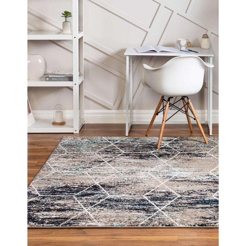 Beige and Blue Trellis Square Indoor Synthetic Rug
