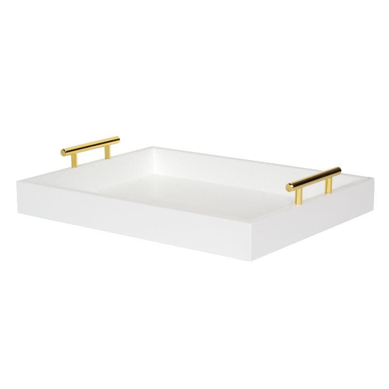 Luxe White and Gold Rectangular Wooden Tray with Polished Handles