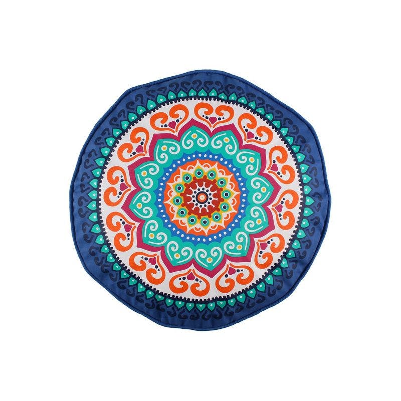 Vibrant Medallion Embroidered Navy Round Pillow - 17.7"