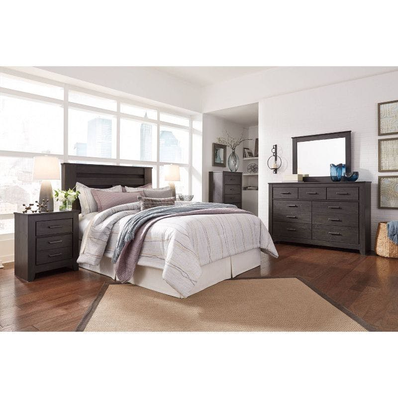 Transitional Charcoal Gray King Panel Bed with Deep Groove Design