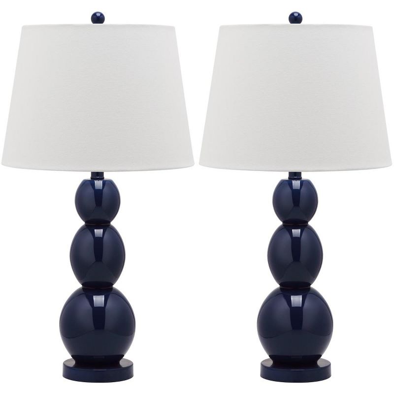Elegant Navy Glass Table Lamp Set with Graduated Orbs and Off-White Shade
