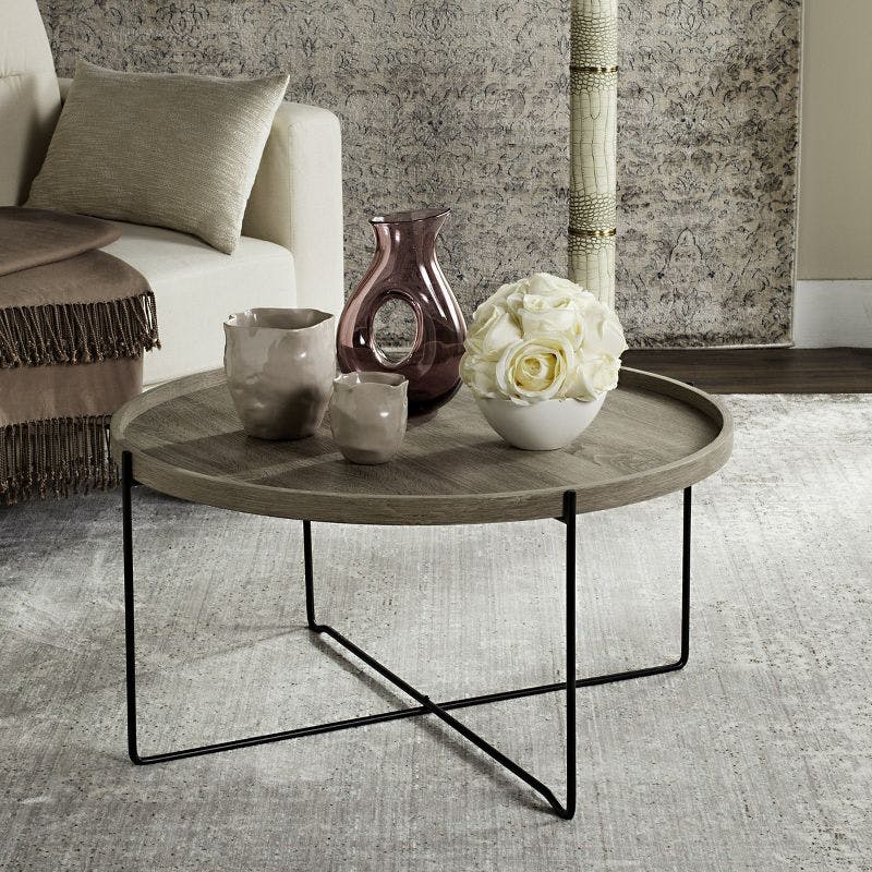Auden Transitional Round Accent Table in Light Grey with Metal Base