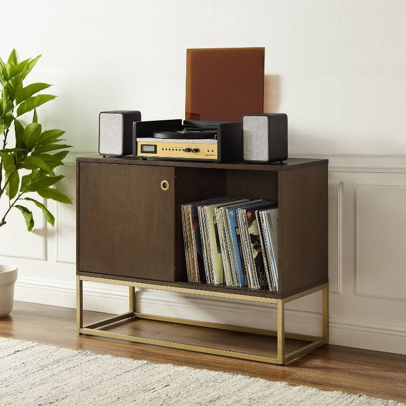 Byron Dark Brown and Gold Media Console with Vinyl Storage
