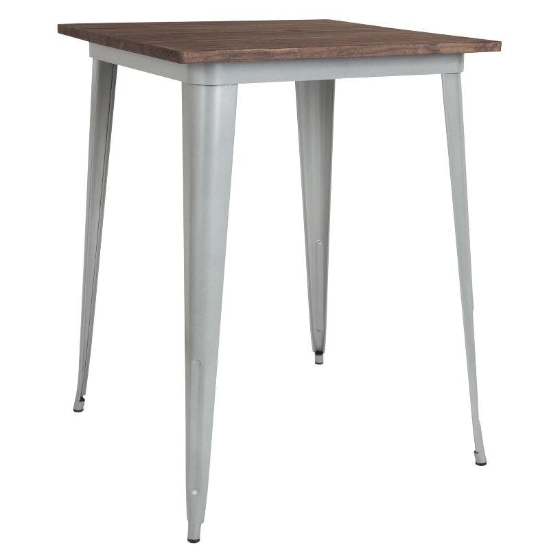 Industrial Rustic 31.5" Square Reclaimed Wood Bar Table with Silver Steel Frame