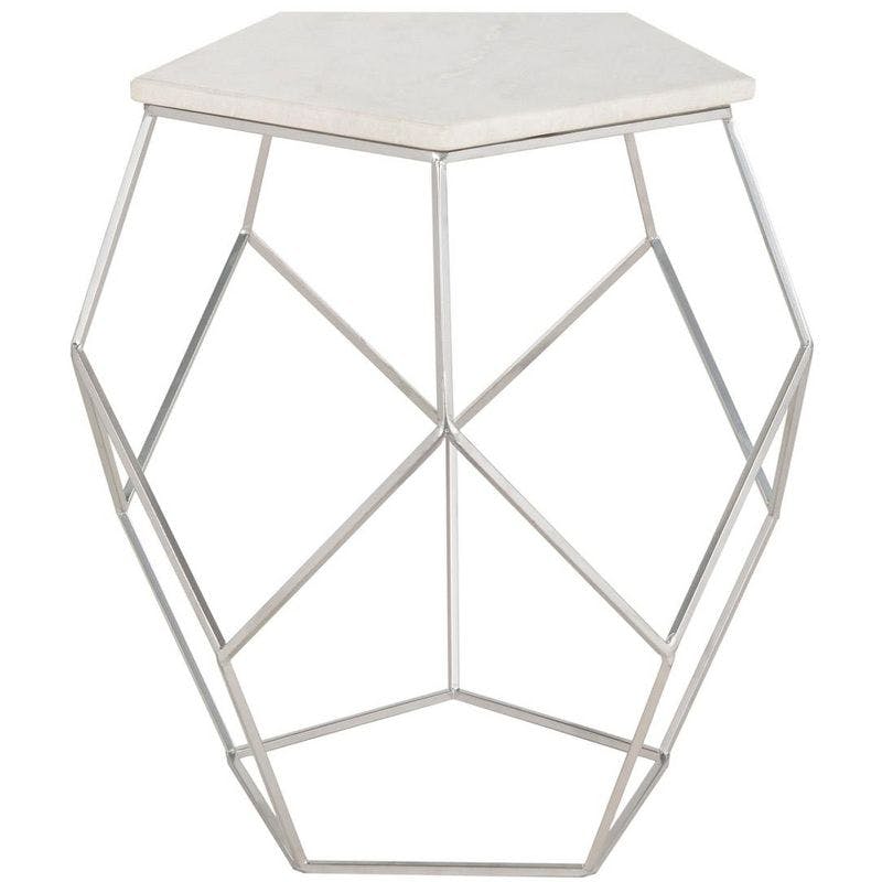 Transitional Hexagonal 18" Silver Stone & Metal Side Table