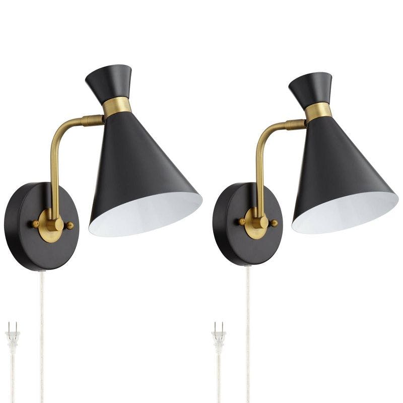 Venice Mid-Century Matte Black & Brass Adjustable Cone Wall Lamp Set