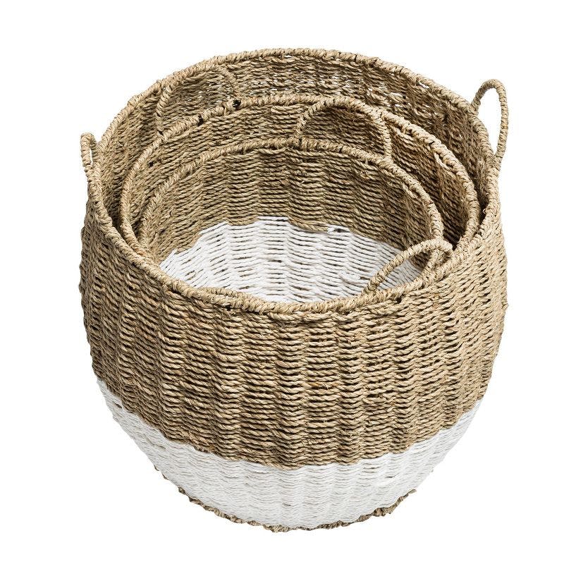 Coastal Charm 3-Piece Round Seagrass Storage Basket Set in Natural & White