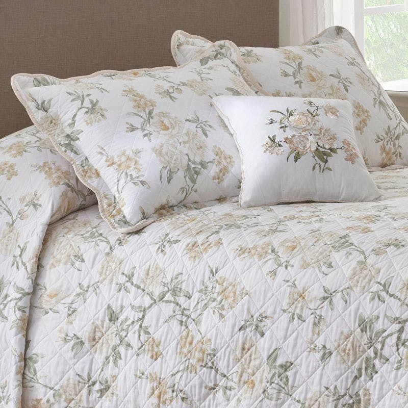 Elegant White Cotton Reversible Queen Bedspread with Floral Print