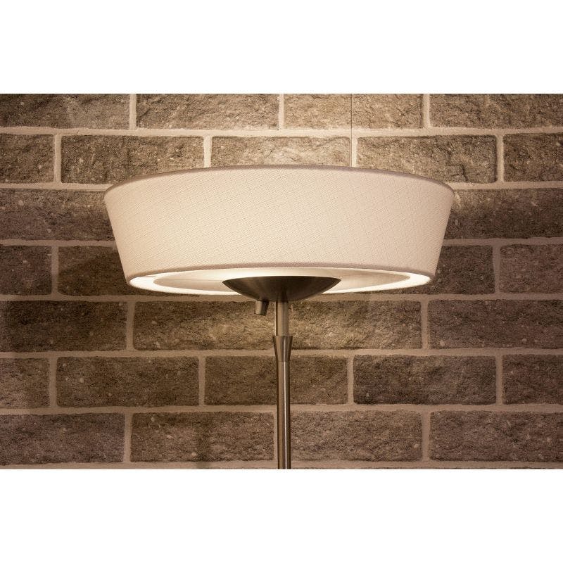 Harper Slim Satin Steel Torchiere Floor Lamp with White Linen Shade