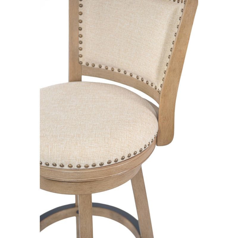 Driftwood Wire-Brush Swivel Barstool with Linen Upholstery and Brass Nailheads