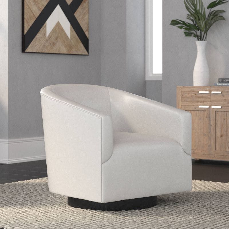 Dove Gray Faux Leather Swivel Barrel Chair with Wood Base
