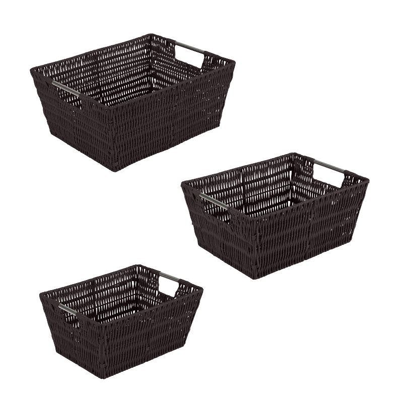 Chocolate Rattan Rectangular Storage Tote with Stainless Steel Handles