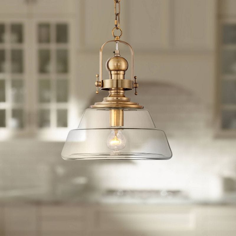 Modern 17" Antique Brass Bowl Pendant with Clear Glass Shade