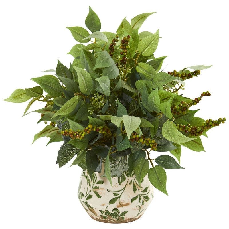 Lush Ficus & Fittonia Artificial Greenery Arrangement with Berries in Vase