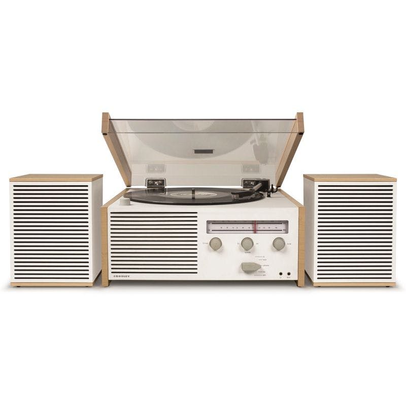 Mid-Century Modern Bluetooth Turntable with AM/FM Radio - White and Natural