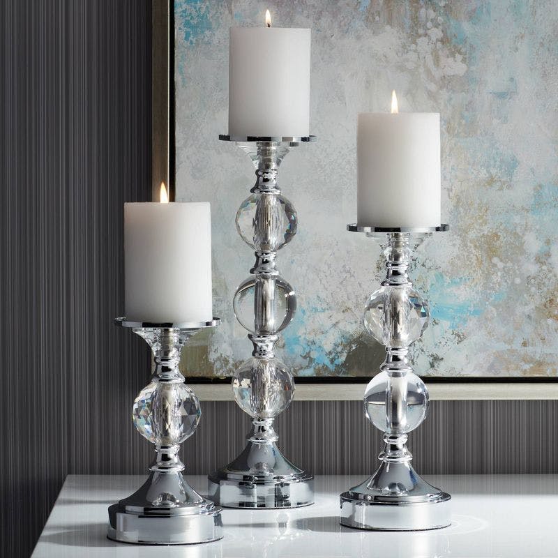Elegant Chrome and Crystal 3-Piece Pillar Candle Holder Set