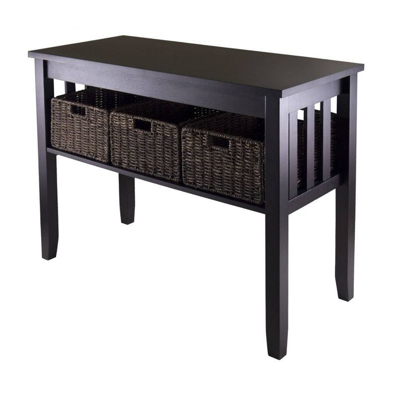 Transitional Espresso Brown Rectangular Console Table with Glass Top & Storage Baskets