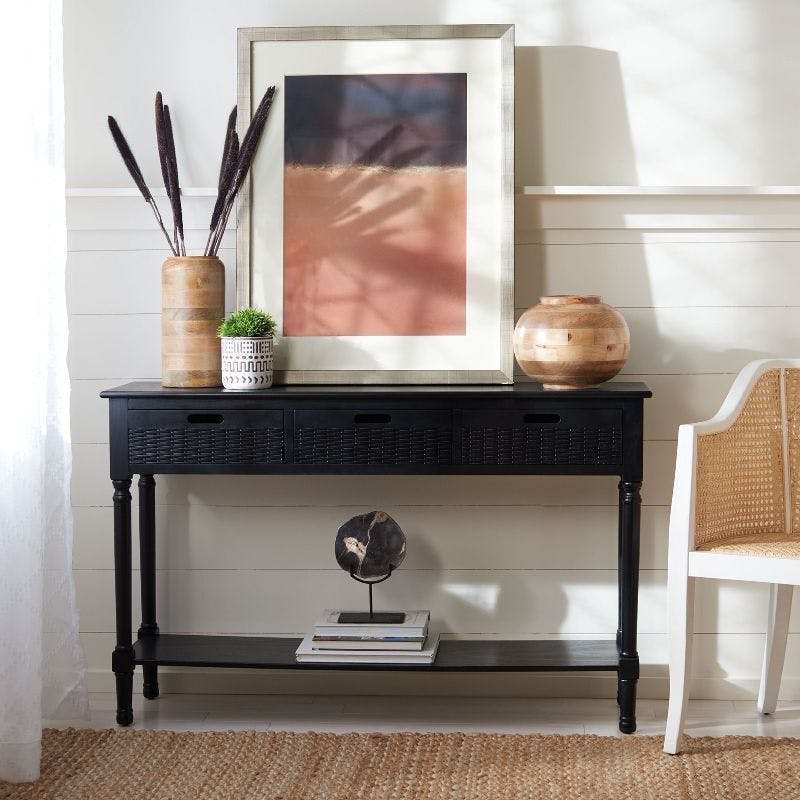 Farmhouse Chic Black Wood & Metal 3-Drawer Console Table