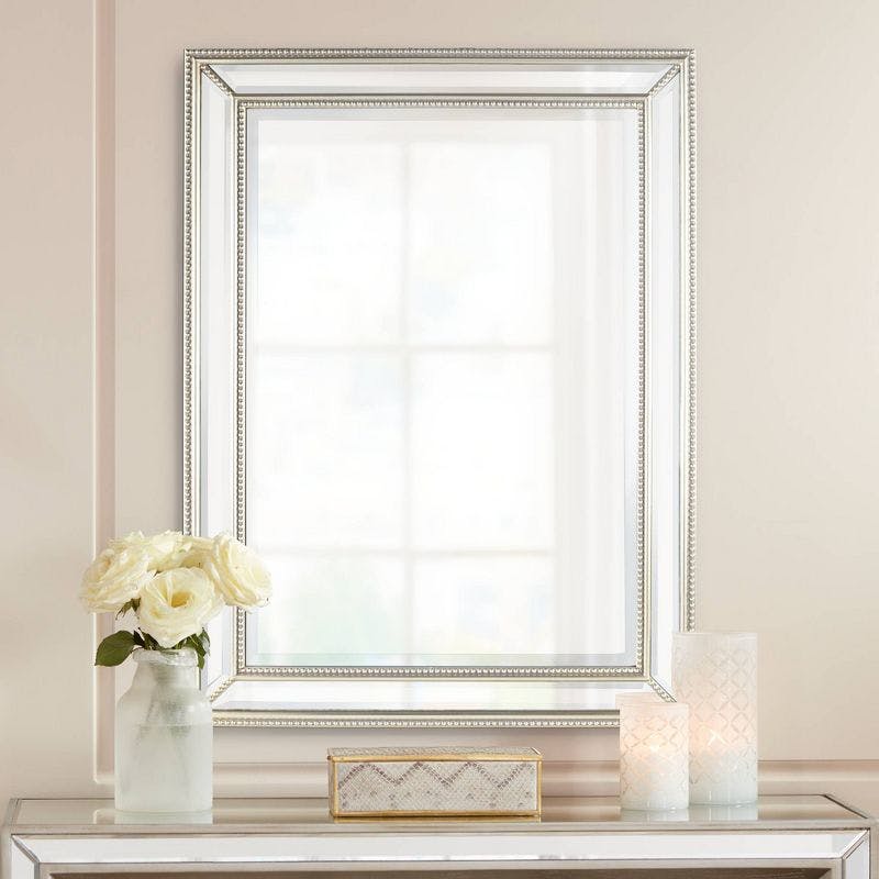 Elegant Beaded Silver Rectangular Wall Mirror with Beveled Glass