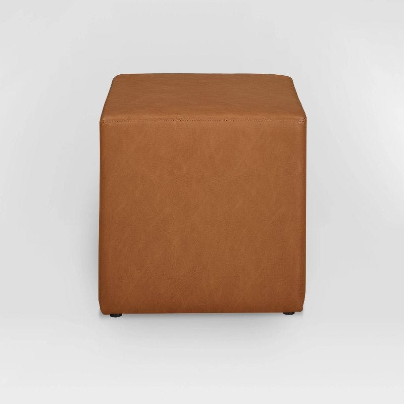 Carmel Faux Leather Cube Ottoman with Pocket Coil Cushion
