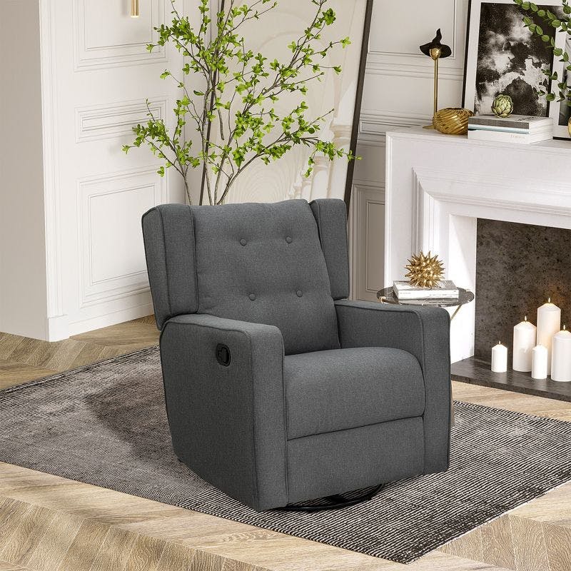 Modern Chic Gray Linen Swivel Recliner with Button Tufted Back