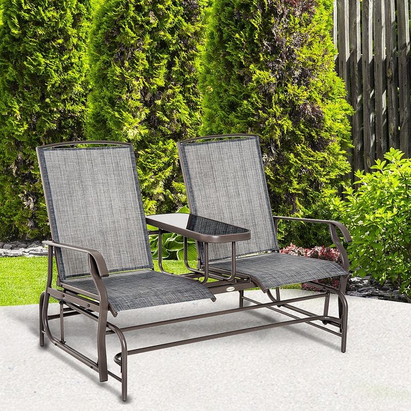 Twin Comfort Outdoor Glider Bench with Center Table, Brown and Gray