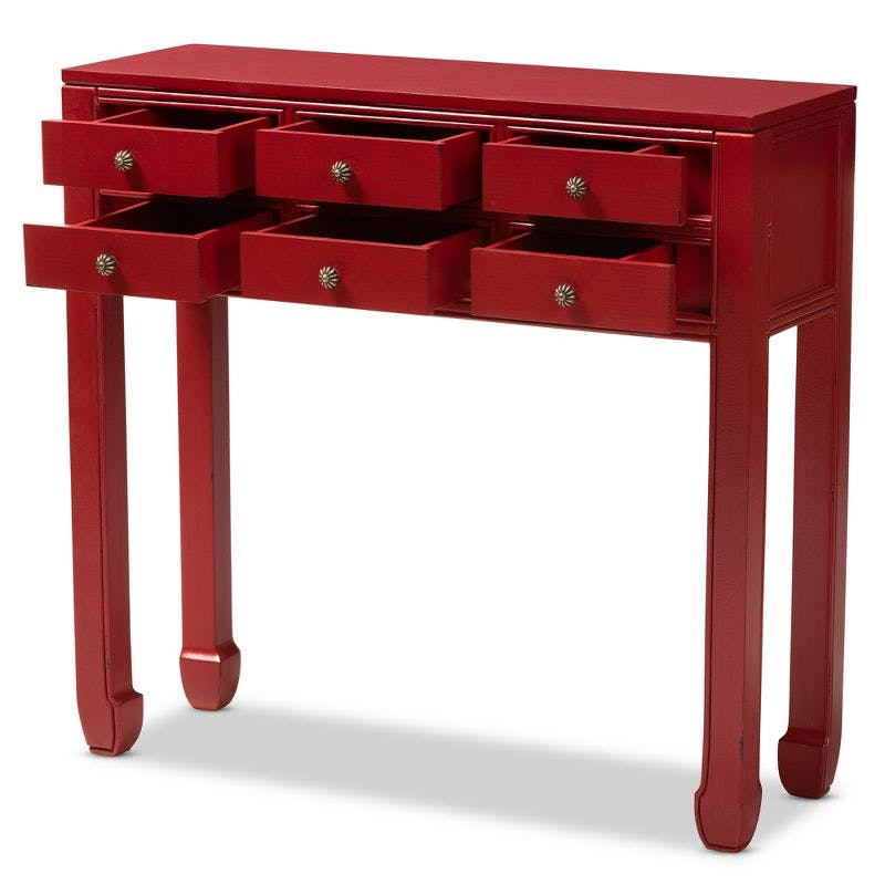 Antique Red Bayur Wood Console Table with Bronze Accents and Storage