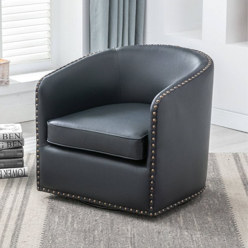 Midnight Blue Faux Leather Transitional Barrel Swivel Accent Chair