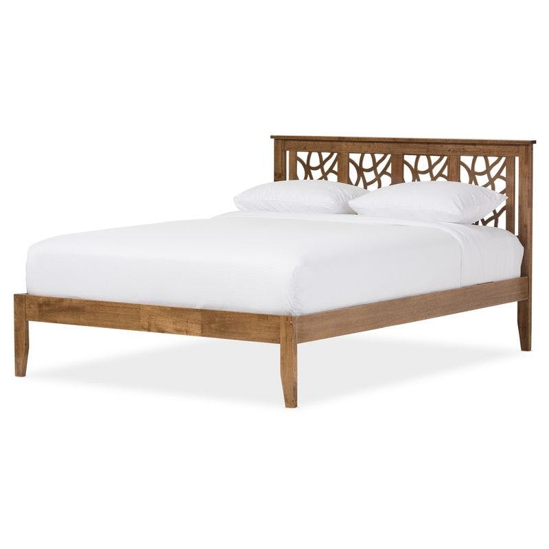 Trina Queen-Size Walnut Wood Platform Bed with Tree Branch Inspired Headboard