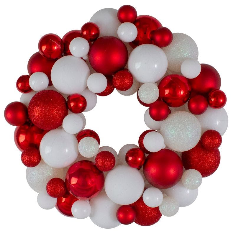 Festive Red and White 14" Shatterproof Christmas Ornament Wreath