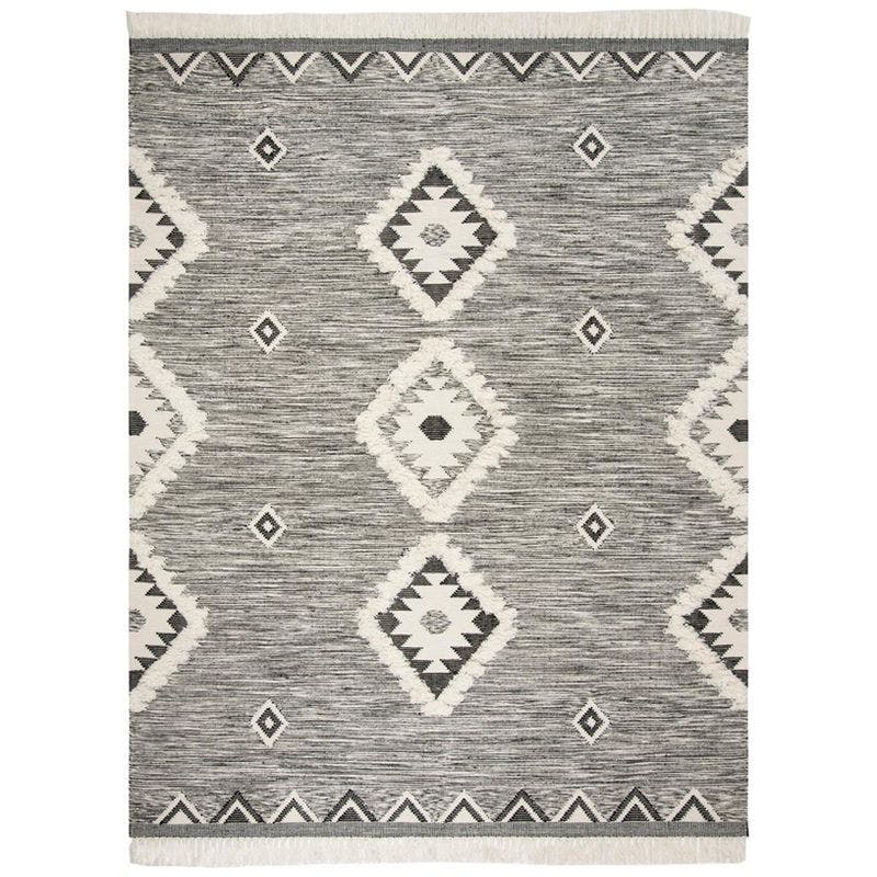 Luxurious Hand-Knotted Wool Area Rug in Black/Ivory - 8' x 10' Geometric Design