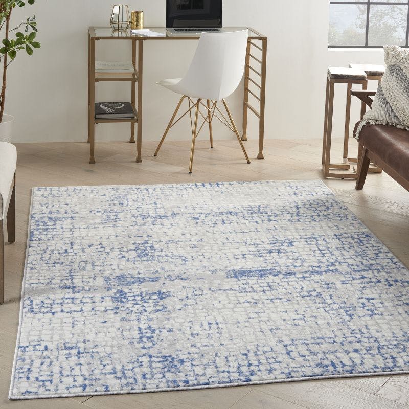 Reversible Grey Blue Geometric 4' x 6' Synthetic Area Rug
