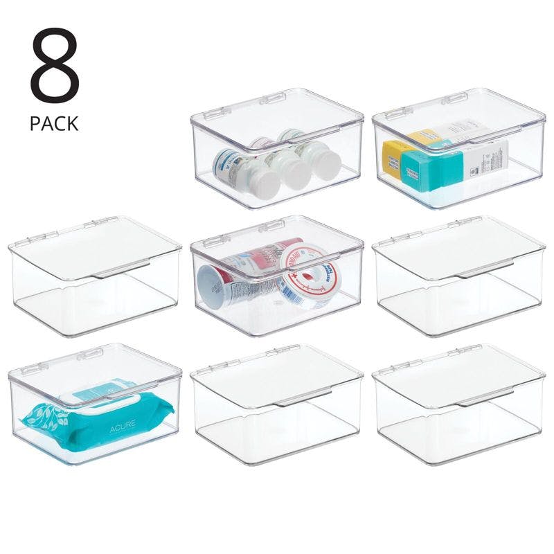 Clear Compact Hinged Lid Plastic Storage Bin Organizer, 8 Pack