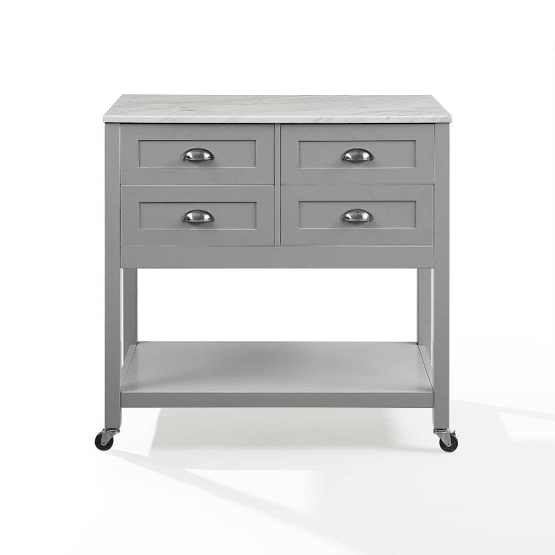 Elegant Gray Kitchen Cart with Faux Marble Top and Ample Storage