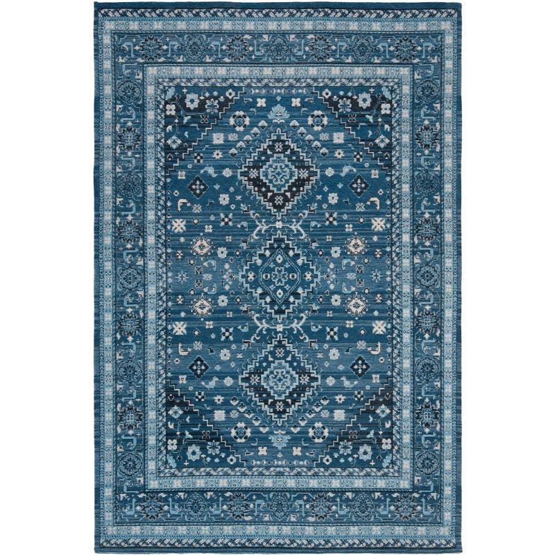 Classic Vintage Blue Charcoal Flat Woven Cotton Area Rug - 4' x 6'