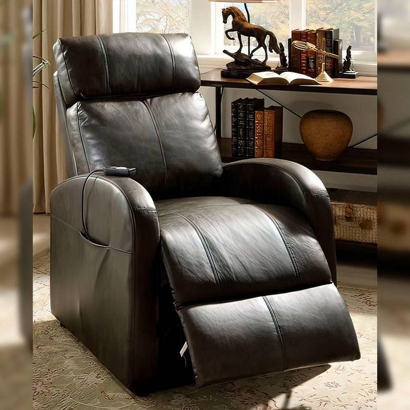 Dark Gray Faux Leather Power Lift Recliner with Wood Accents