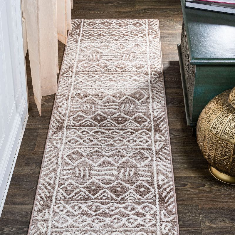 Amanar Ivory and Brown Geometric Synthetic Easy-Care Runner Rug